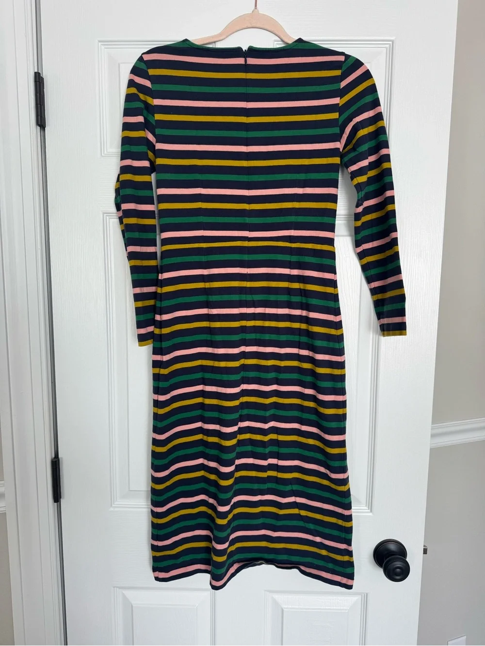 J. Crew Striped Long-Sleeve Midi Dress in Navy, Green, Pink & Gold